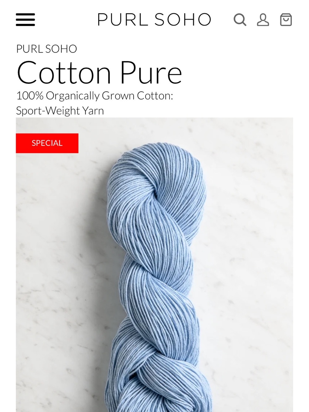 Purl Soho Cotton Pure Sport-Weight Yarn in Light Blue